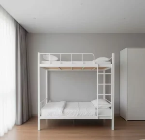 Heavy Duty Metal Twin Over Twin Bunk Bed with Guardrails and Ladder Modern Space Saving Dormitory and Apartment Furniture