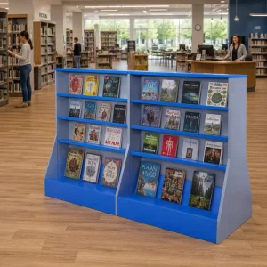 Heavy Duty Retail Display Shelving 2 Bay 4 Tier Wood Gondola Shelf Blue Gray for Library Book Shop