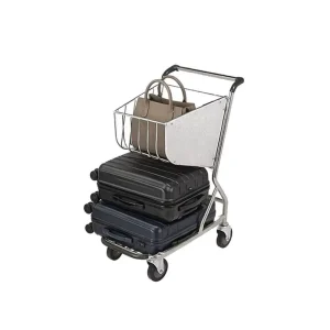 Heavy Duty Silver Luggage Trolley Airport Cart 4 Wheel Wire Basket Upper Platform Rubber Grip Handle Brake Pedal Hotel Factory
