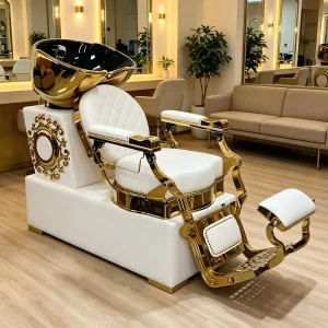 Heavy Duty Stable White Salon Backwash Unit Gold Base Ergonomic Hair Washing Station