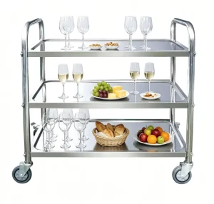Heavy Duty Stainless Steel 3-Tier Serving Trolley with Universal Wheels for Commercial Hotel Restaurant Catering Utility Cart