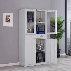 Heavy Duty Steel Adjustable Commercial Office Storage Cabinet Tempered Glass Doors Lockable Compartments Modern Workshop Gym