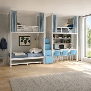 Heavy Duty Steel Loft Bed with Two Desks and Lockers Durable Bunk Bed for Staff Accommodation
