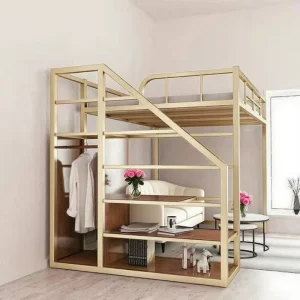 Heavy Duty Steel Metal Loft Bed Modern Design Wood Stairs Storage for Bedroom Apartment Use Queen King Twin Sizes Customizable