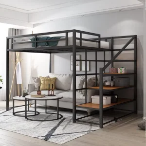 Heavy Duty Steel Metal Loft Bed with Wood Stairs, Single, Double, or Queen Size for Adults