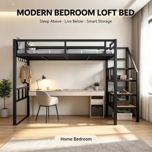 Heavy Duty Steel Metal Loft Bed with Wood Stairs for Dormitory Use