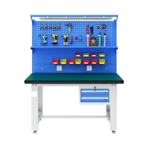 Heavy Duty Steel Workbench Cabinet Laboratory Furniture with Two Drawers Pegboard for Tool Storage Wood Lab Table