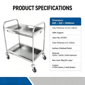 Heavybao 2 Tier Stainless Steel Service Cart Rolling Commercial Kitchen Trolley for Restaurant Hotel Laboratory Equipment