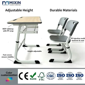 Height Adjustable Classroom Set Middle Children Popular University Classroom Furniture Student Double Desk and Chair