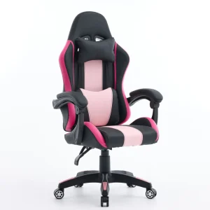 Height Adjustable Ergonomic Gaming Chair Pink PVC Leather Reclining Computer Chair with Headrest and Lumbar Support