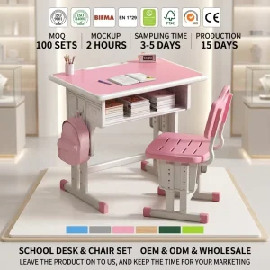 Height Adjustable School Desk and Chair Set MDF Metal Frame CE EN1729 Certified Ergonomic Student Study Table