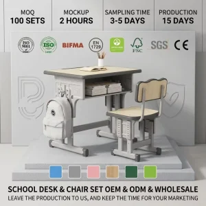 Height Adjustable School Desk and Chair Set Steel MDF ISO EN1729 Certified Heavy Duty Student Study Table