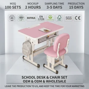 Height Adjustable Student Desk and Chair Set 70x50cm MDF Metal for School