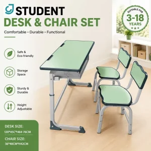 Height Adjustable Two Seater Student Desk Chair Set Eco Friendly MDF School Study Table Classroom Furniture