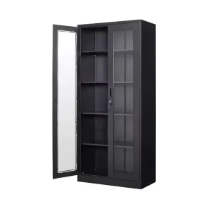 Hengli Furniture Traditional Metal Commercial Display Storage Cabinet with Glass Doors 5 Tier Shelves in Black for Hotel