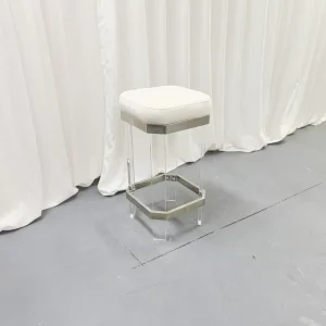 Hexagonal Acrylic Bar Stool Silver Stainless Steel Frame White Velvet Upholstered Counter Height Stool