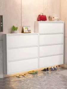 Hidden Storage 3 Flip Drawer Steel Shoe Cabinet Ultra Slim Narrow Modern Shoe Organizer Tidy Entryway Hallway Dining Anti-Tip