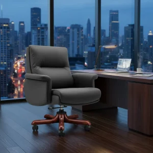 High Back Genuine Leather Executive Chair Luxury Ergonomic Office Chair with Wooden Base
