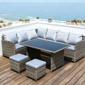 High Back Rattan Garden Furniture Set 6 Pieces Sofa Comfortable Wicker Seating with Sturdy Frame for Patio and Porch Use