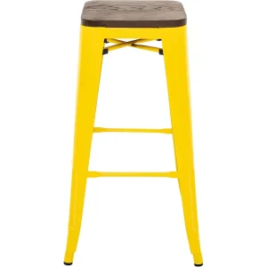 High Backless Yellow Metal Indoor Outdoor Counter Height Bar Stool with Square Seat with Wooden