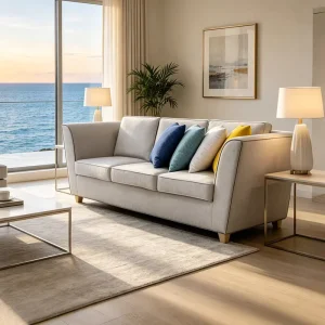 High Density Residential Commercial Hotel Living Room Villa Wood Frame Linen Fabric Three Seater Seating Sofa for Apartment