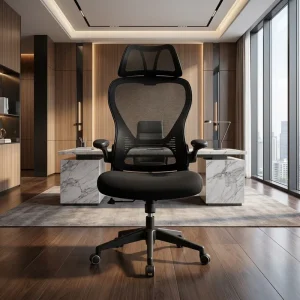 High End Black Ergonomic Office Chair with Adjustable Headrest and Armrests for Executive Corporate Workspace