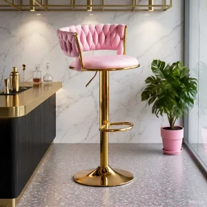 High End Braided Velvet Bar Chair Shiny Gold Metal Frame Rotatable Height Adjustable Bar Stool for Home Kitchen or Cafe