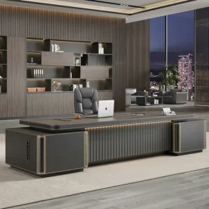 High End CEO Office Desk Curved Italian Design Presidential Boss Workstation with Backlit Storage Wall