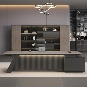 High End CEO Office Desk Curved Minimalist Design Presidential Boss Workstation with Backlit Bookcase