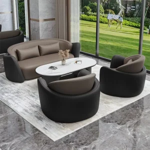 High End Commercial Sofa Set Black Brown Leather Sofa with Marble Coffee Table Hotel Lobby Furniture