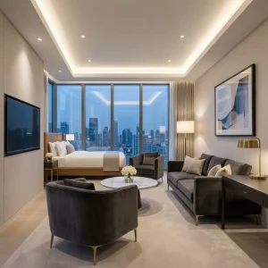 High End Executive Hotel Furniture Hotel Bedroom Furniture with Modern Slim Metal Base for Luxury Interiors