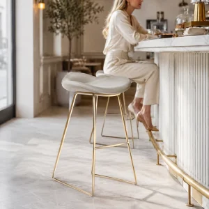 High End Geometric Gold Metal Base Yellow Velvet Upholstered Backless Club Bistro Pub Bar Stool