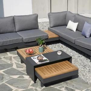 High End Hotel Modern L Shaped Teak Wood Sofa Patio Furniture Aluminum Outdoor Seating Luxury Garden Sofa Set Outdoor Sectional