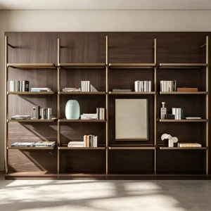 High-End Italian Style Open Bookcase with Bronze Metal Frame Dark Wood Panel for Villa Living Room Executive Home Office Unit