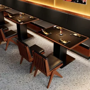 High End Korean BBQ Table Set Integrated Smokeless Hot Pot Seating and Matching Wooden Carts for Asian Dining Restaurant Sofa