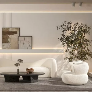 High End Living Room Set With Curved Sofa Circular Coffee Tables and Armchairs Perfect for Sophisticated Interior Spaces