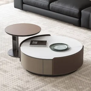 High End Luxury Coffee Table Italian Minimalist Design Saddle Leather Frame Rock Slab Top Storage Space Home Furniture