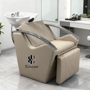 High End Metal Shampoo Chair Hair Salon Fashionable PU Leather Ceramic Basin Shampoo Bed Back Washing Unit