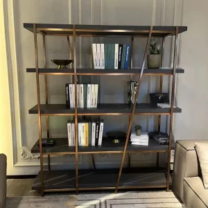 High End Modern Bookshelf With Gold Steel Frame Wood Marble Storage Shelf Home Furniture For Apartment Use