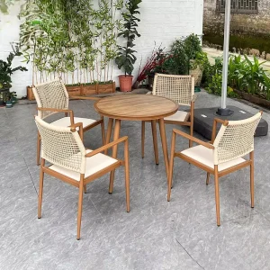 High End Modern Wood Grain Rattan Dining Chair and Table Set with HPL Tabletop for Hotel Outdoor Leisure Patio Furniture