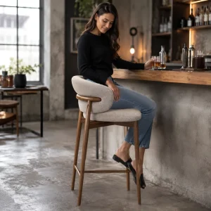 High End Nordic Design Fabric Upholstered Solid Wood Frame Ergonomic Wraparound Backrest Kitchen Bar Stool