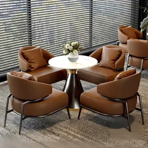 High End Reception Waiting Chair Luxury Brown Leather Curved Design Single Lounge Armchair Custom Size