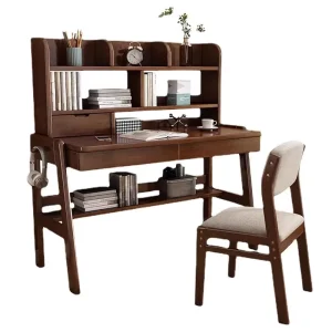 High End Solid Wood Ergonomic Adjustable Learning Study Table Chair with Bookshelf Modern Large Desktop Office Computer Desk