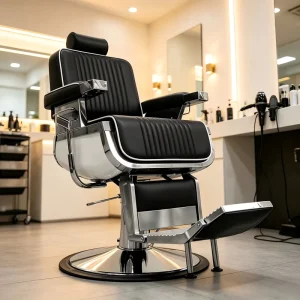 High End Styling Black Leather Salon Chair Silver Frame Reclining Barber Styling Chair