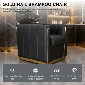 High End Vertical Stitched Salon Chair Luxury Gold Frame Backwash Station with Tilting Ceramic Basin Shipping Customizable