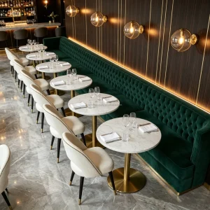 High End Wall Restaurant Furniture Banquette Gold Button Tufted Upholstered Lounge Bench for Bistro Hotel Project