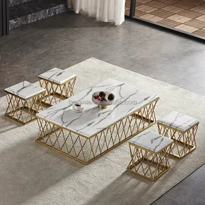High End White Marble Table Set Dining Room Tea Table Set Stainless Steel Furniture