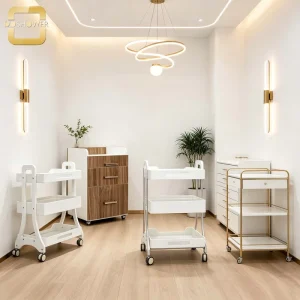High End White Wooden Salon Trolley of 3 Tier Beauty Cart with Gold Handle and Drawer for Upscale Salon and Hair Salon