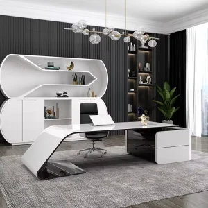 High Gloss White Black Modern Executive Desk with Drawers Luxury Curved Office Workstation Stylish Boss Table for CEO Manager