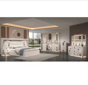 High Glossy Finished Elegant King Size Bedroom Furniture 5pcs LED Lighted Romantic Wedding Bedroom Set